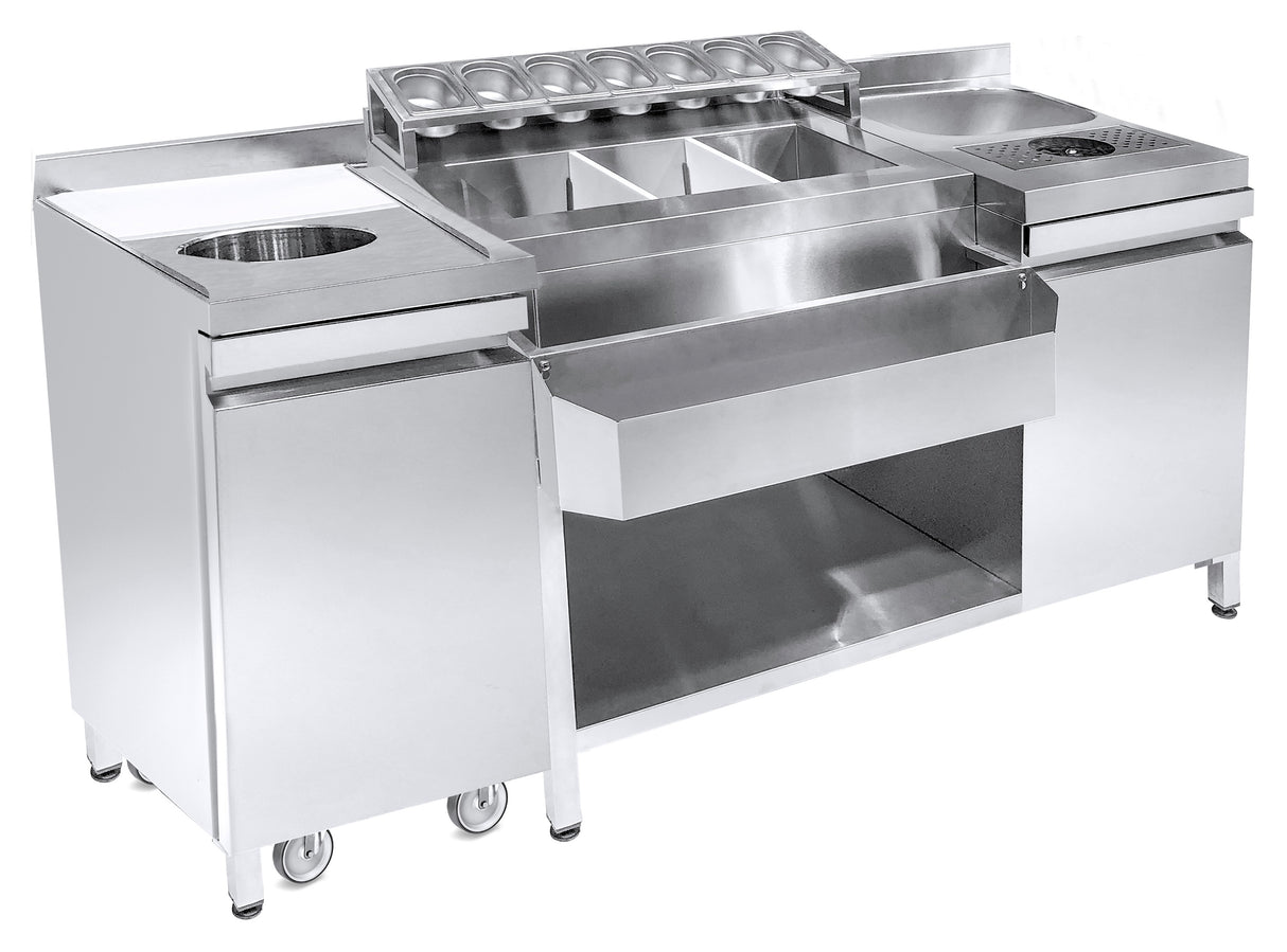COCKTAIL BAR STATION INCL. SINK, GLASS RINSER, GN CONTAINERS, SPEEDRAIL FOR BOTTLES, CUTTING BOARD AND WASTE BIN