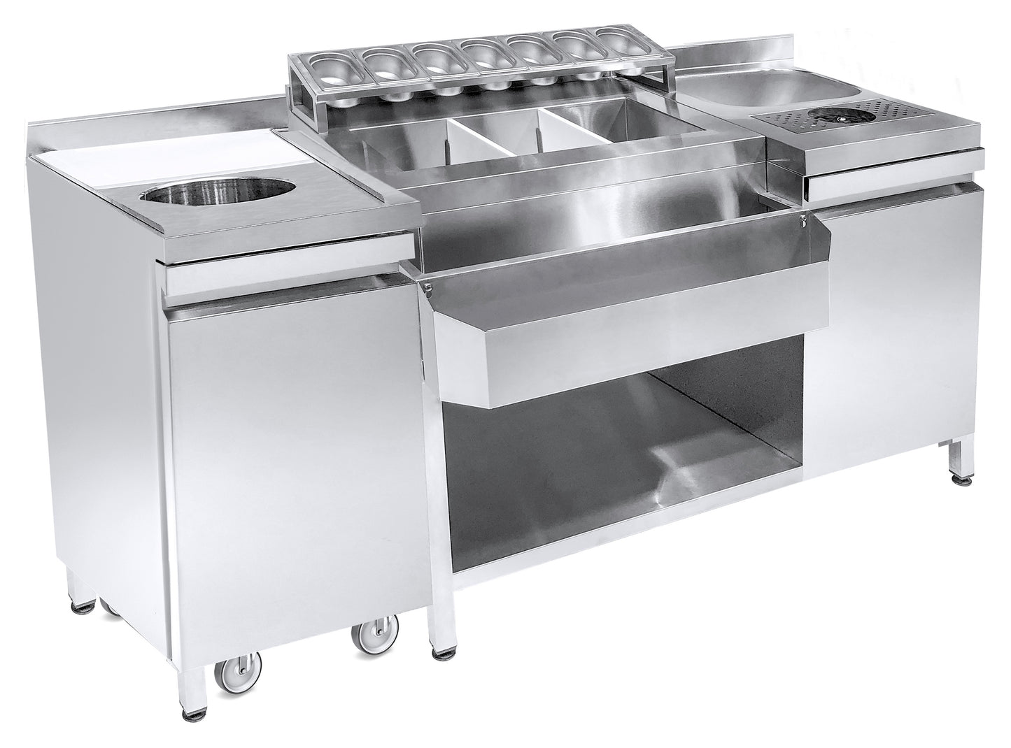 COCKTAIL BAR STATION INCL. SINK, GLASS RINSER, GN CONTAINERS, SPEEDRAIL FOR BOTTLES, CUTTING BOARD AND WASTE BIN