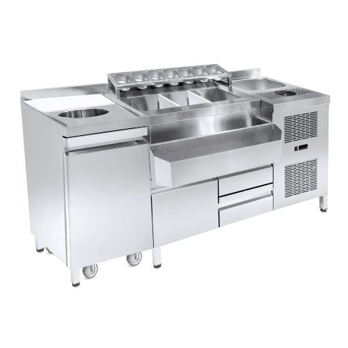 REFRIGERATED COCKTAIL BAR STATION INCL. SINK, GLASS RINSER, GN CONTAINERS, SPEEDRAIL FOR BOTTLES, CUTTING BOARD AND WASTE BIN