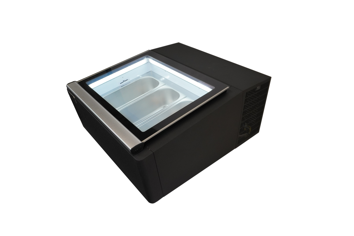 COUNTERTOP MODEL ICE CREAM DISPLAY BLACK OPENS ON THE OPERATING SIDE