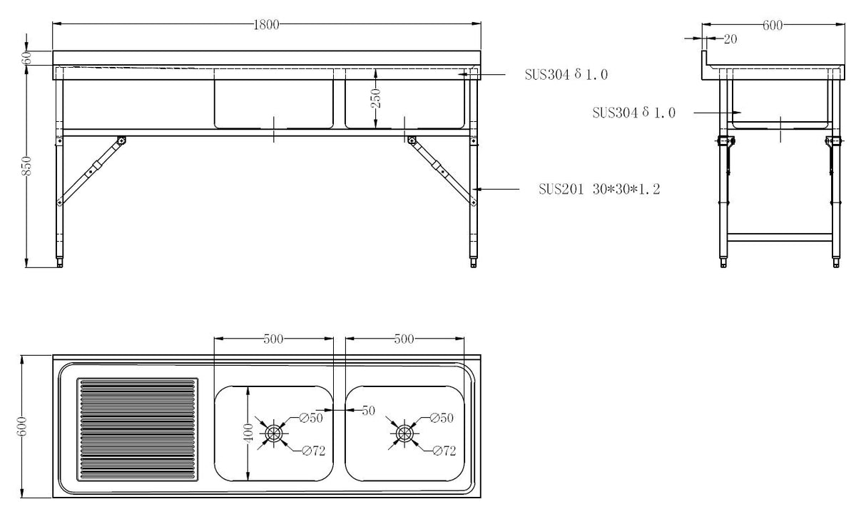 600 FOLD DOWN SINK UNIT 1800 2R