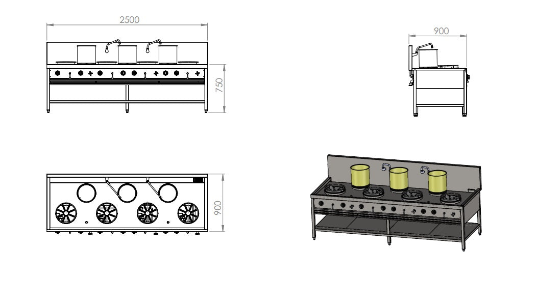 Commercial 7 Burner Chinese Wok & Stock Pot Range – 95kW – 2500mm