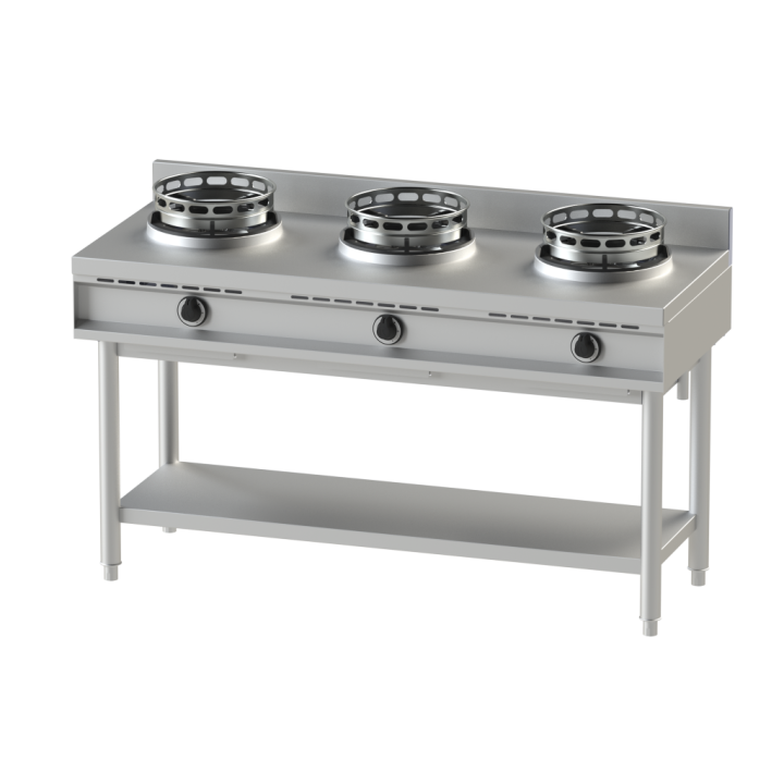 Gas wok hob with shelf, 3 burners