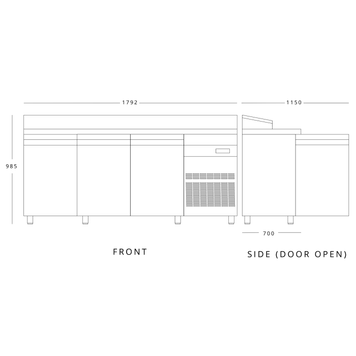 3 DR GN Prep Counter W/ RAISED COLLAR