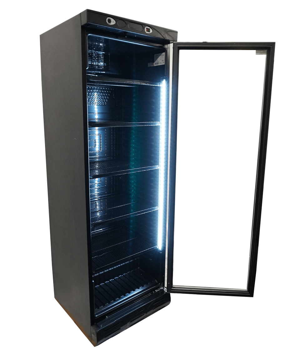 REFRIGERATOR 1 GLASS DOOR 382L BLACK WITHOUT LIGHT BOX