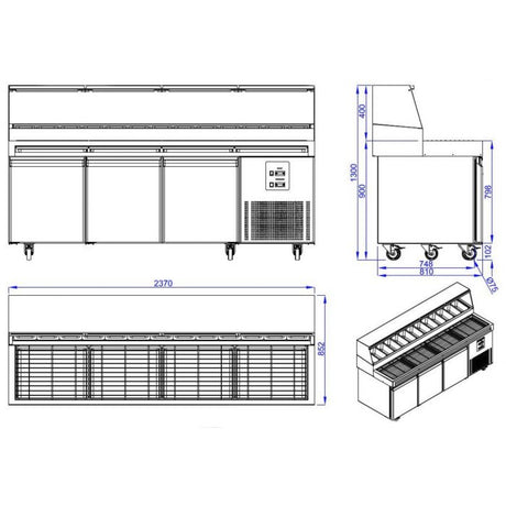3 Door Pizza Preparation Counter Saldate Fridge 2370mm Wide