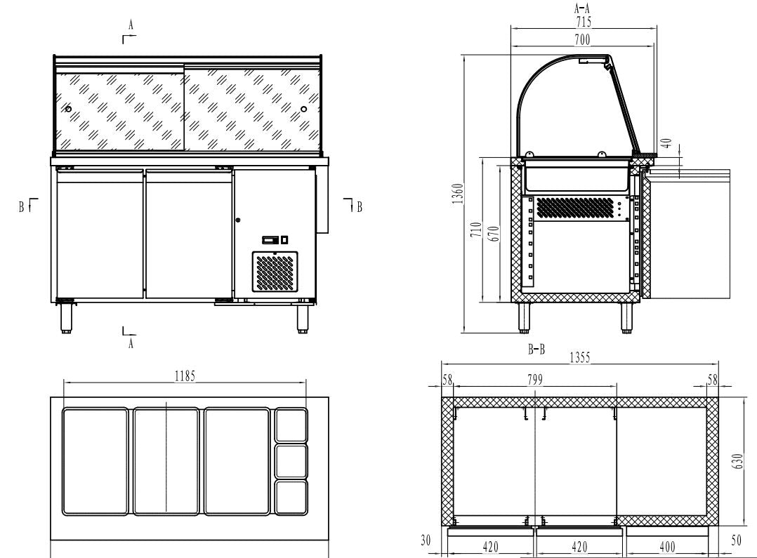 REFRIGERATED COUNTER WITH GLASS COVER 2 DOORS