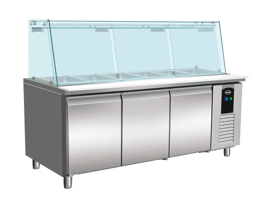 REFRIGERATED COUNTER WITH GLASS COVER 3 DOORS